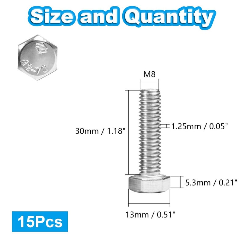 Yinpecly 15 Pcs M8 Hex Bolts M8-1.25 x 30mm Hex Head Screw Bolt 304 Stainless Steel M8-1.25mm Hexagon Bolts Hex Head Screws, Metric Machine Fully Thread, Bright Finish - Image 2